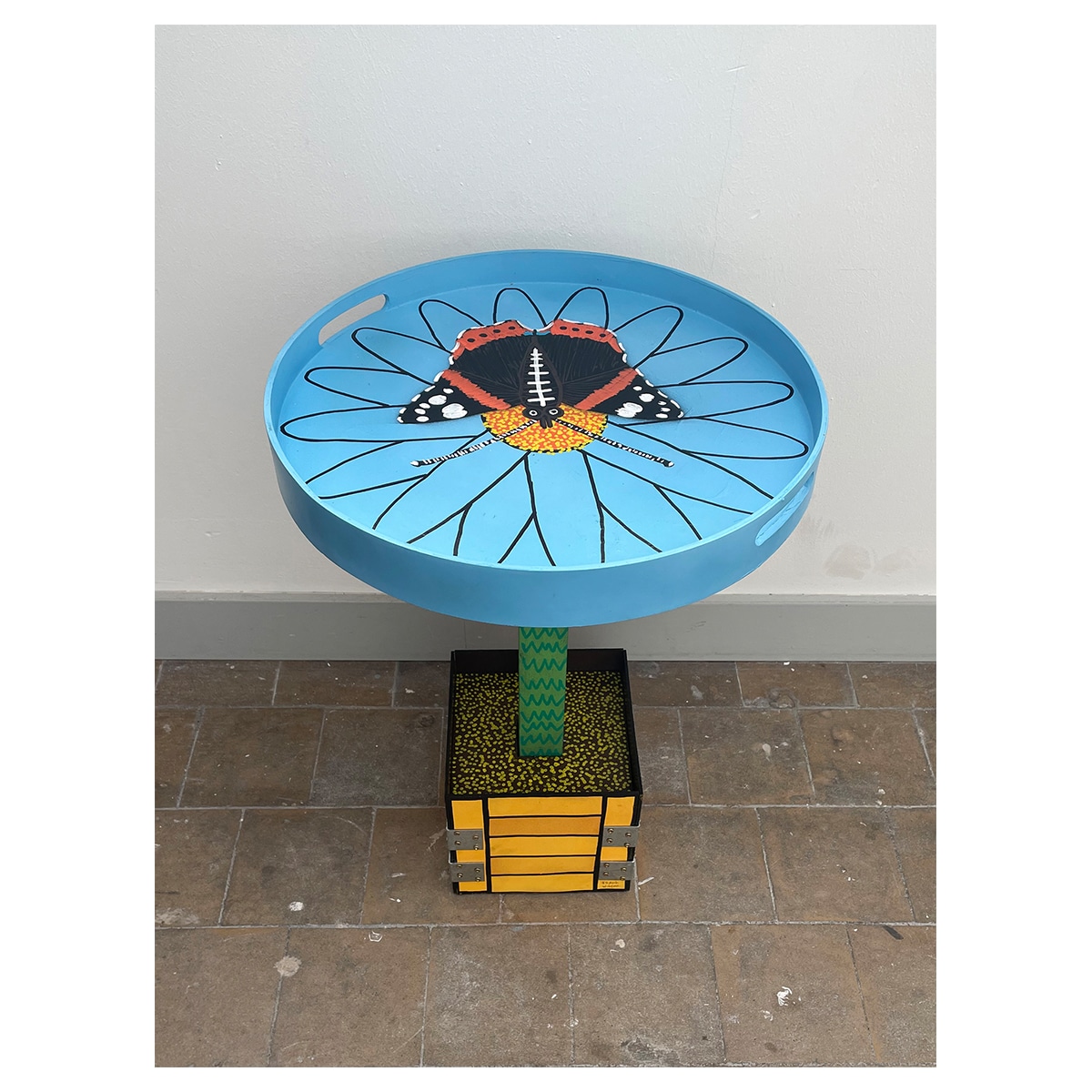 SIDE TABLE - POWER TO THE FLOWER - LIGHT BLUE ASTER - VANESSA ATALANTA BUTTERFLY